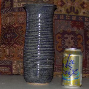 larger size Blue/gray hand thrown pottery  ring vase 10" tall